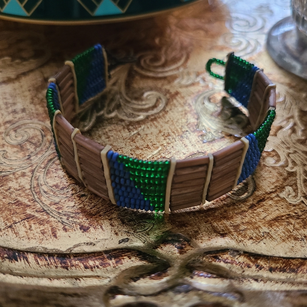 Vintage Beaded Bracelet/Cuff  Blue & Green Glass & Wooden Beads Hand crafted